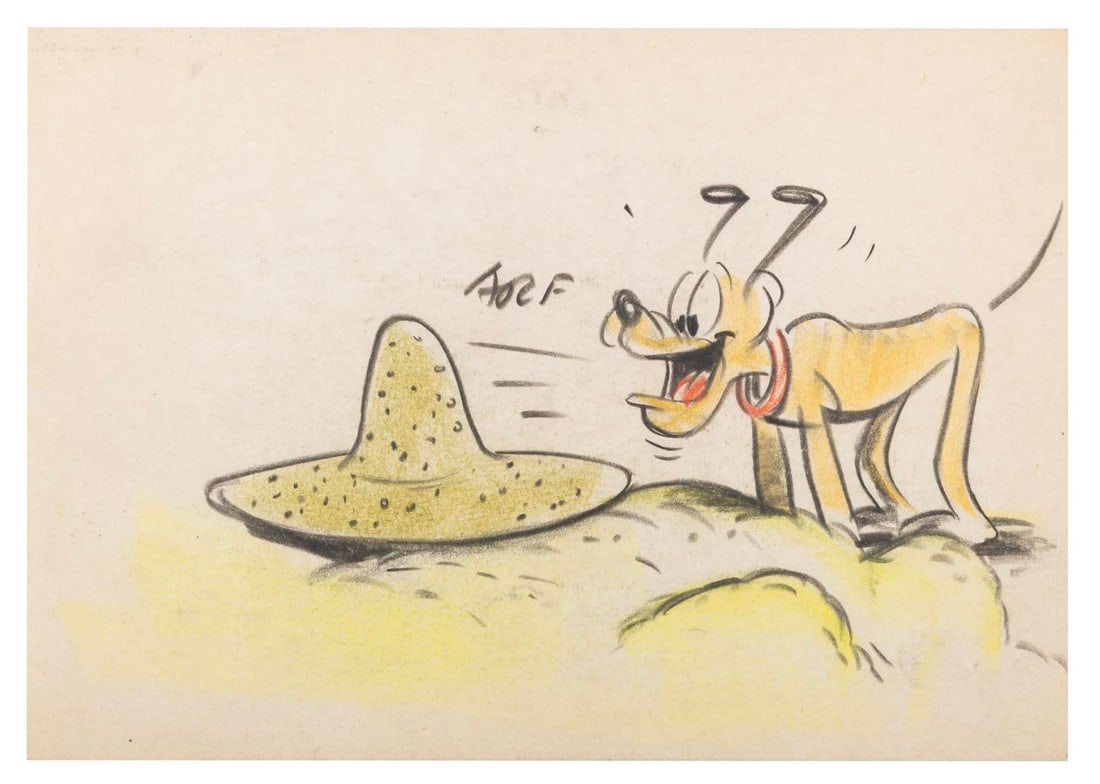 A Pluto Storyboard Panel.: (Disney, 1950s) A storyboard panel of Pluto from an unknown production. Measuring 6” x 8.25”, the drawing accomplished in grease pencils and pastels is in very good production-used conditi