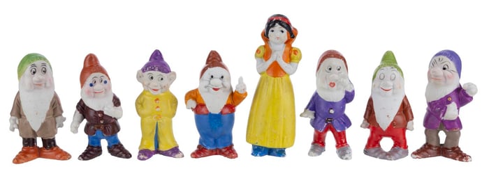 A Rare Snow White and Dwarfs Large Bisque Figure Set.