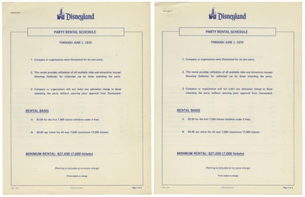 A Pair of 1970 Disneyland Private Party Price Lists.