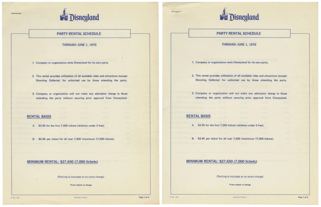 A Pair of 1970 Disneyland Private Party Price Lists.: (Disneyland, 1970) A pair of 1970 Disneyland Private Party Prices and Schedules outlining the cost of private parties at Disneyland. Measuring 8.5” x 11”, this pair of two-page documents i