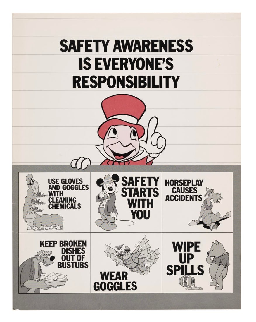 A 1986 Safety Awareness Cast Member Booklet.: (Disneyland, 1986) A Cast Member safety awareness booklet describing best practice instructions for handling workplace accidents, injuries, sudden illness, fire, and other calamities that could befall