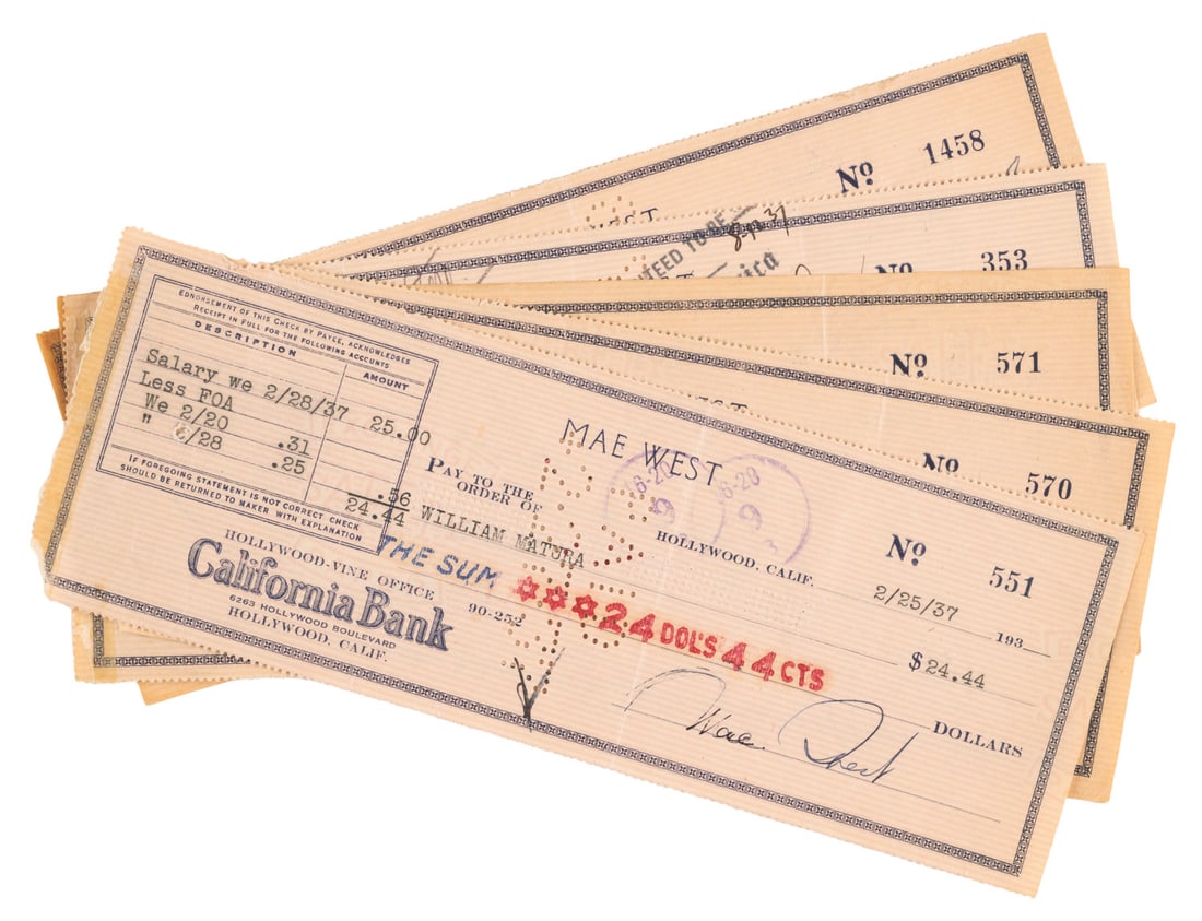 A Collection of Mae West Signed Checks.