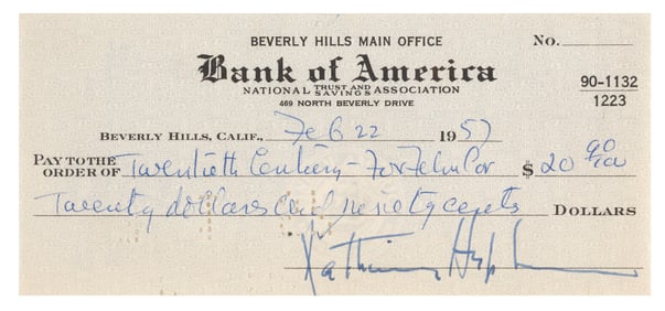 A Katharine Hepburn Signed Bank Check.