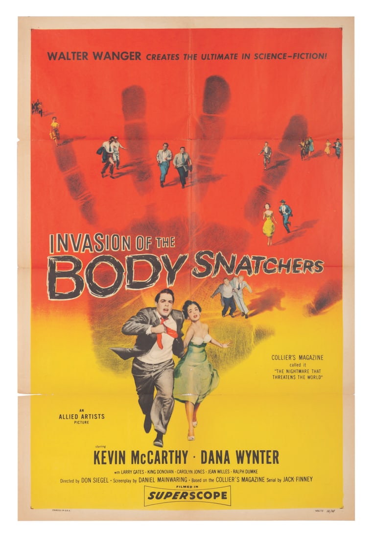 An “Invasion of the Body Snatchers" One-Sheet.: (Allied Artists, 1956) A one-sheet poster for the original theatrical release of “Invasion of the Body Snatchers.” Measuring 27” x 41”, the poster is in good condition with separat