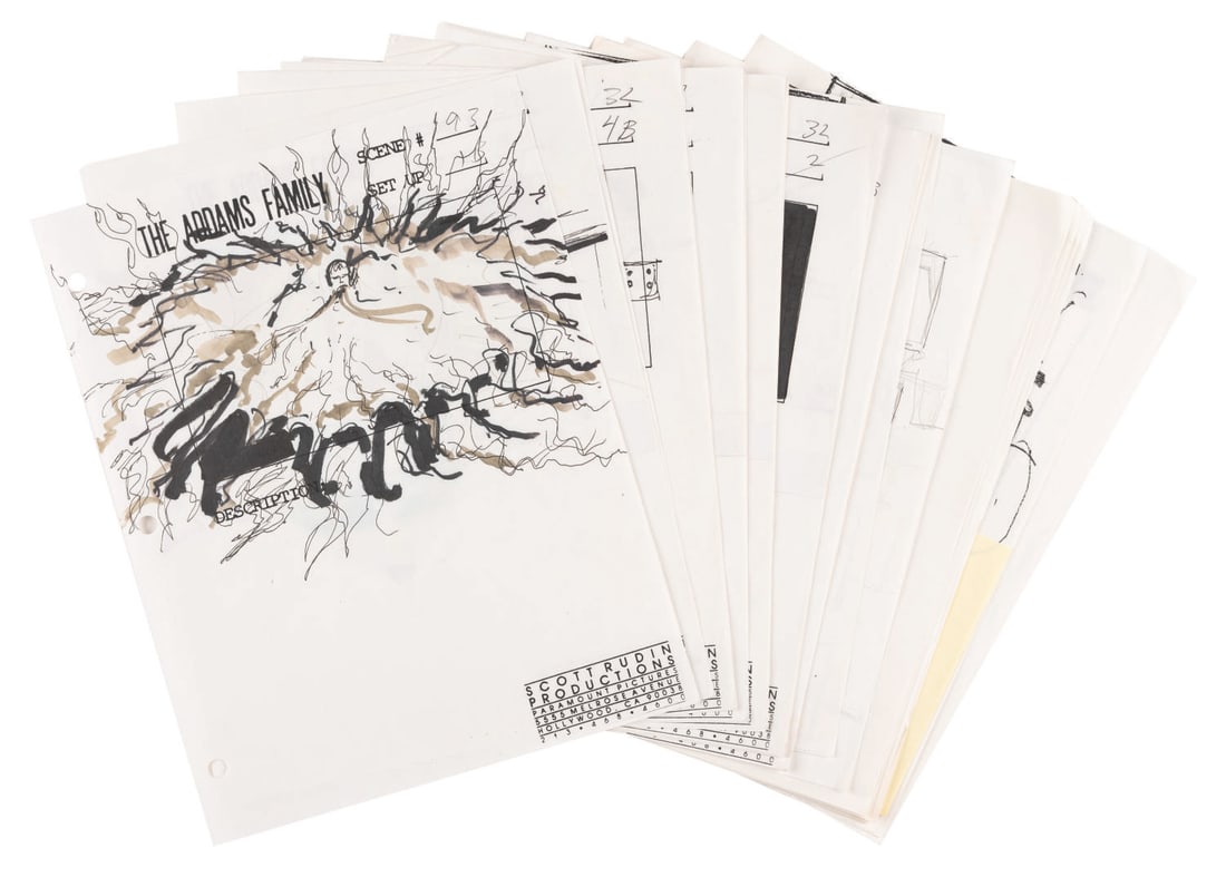 Storyboard Pages from “The Addams Family.: (Paramount, 1991) A collection of 18 hand-drawn storyboard pages from "The Addams Family." Also included are 10 pages of handwritten notes and additional photocopy storyboard pages. Measuring 8.5&rdqu