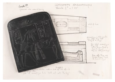 A "The Mummy" Sarcophagus Concept Drawing and Relief Prototype.