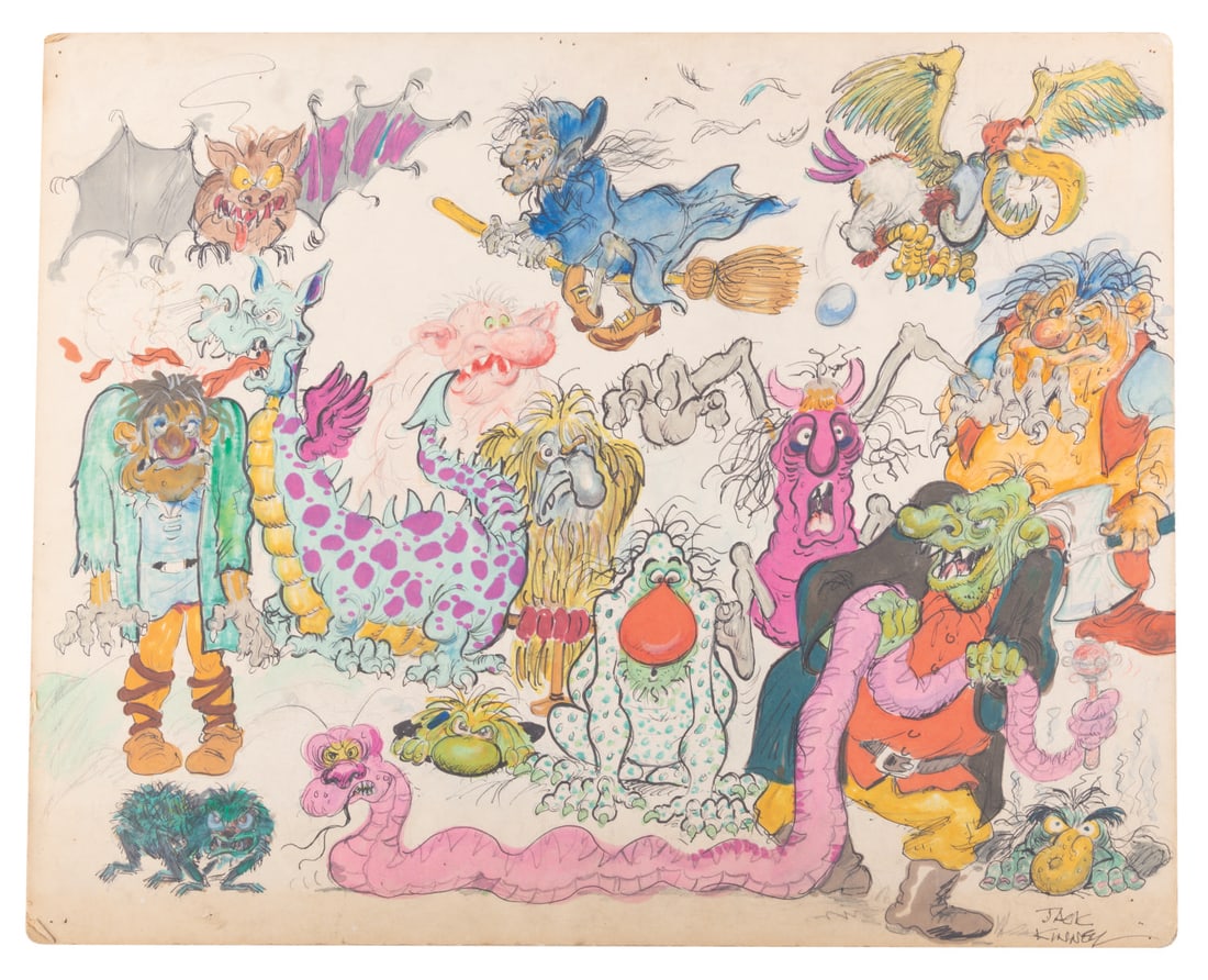 An Original Jack Kinney Monster Illustration.: (Kinney, 1950s-80s) A hand-drawn page of monsters and ghoulish creatures, signed by Disney artist, Jack Kinney. Kinney is best known for his work as a sequence director on Disney films such as “Pino