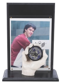 A Luc Robitaille Signed LA Kings Puck and Card Display.