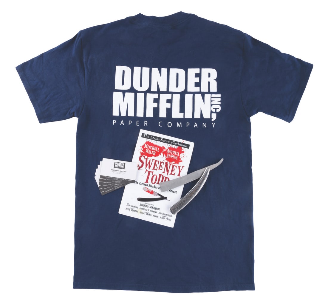 A Collection of “The Office" Props and Crew Gift Shirt.: (NBC, 2010) A collection of props from “The Office” including seven Michael Scott business cards, a prop straight razor and Sweeney Todd program from the season 7 episode “Andy’s Play,&rdq