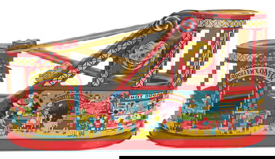 A Chein Roller Coaster Wind-Up Tin Toy.: (J. Chein, 1950s) A wind-up roller coaster tin litho toy with two ride vehicles. When wound, the vehicles are pulled up the hill and move through the track while a bell sounds. When tested it does not