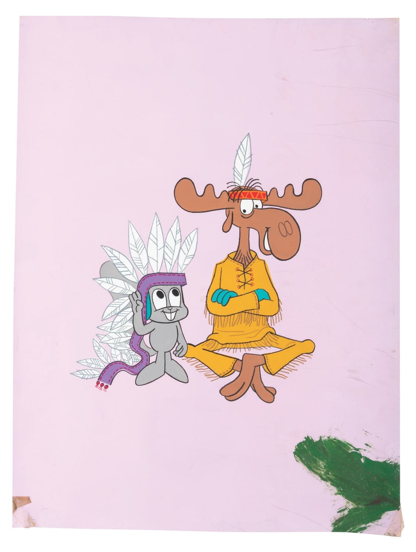 An Original Rocky and Bullwinkle Painting.: (Ward, 1970s-80s) An original Rocky and Bullwinkle painting, likely used for merchandising. Measuring 20” x 15” with a character image of 10.5” x 9.5”, the acrylic and ink pain