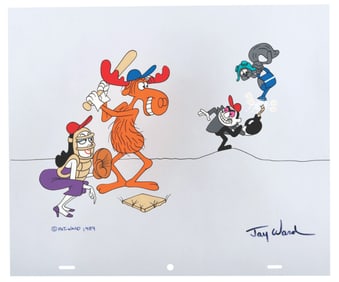 A Signed Rocky and Bullwinkle Baseball #12 Scene Cel.
