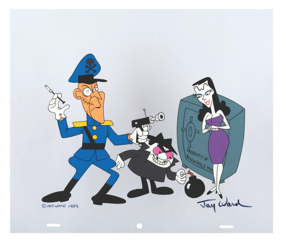 A Jay Ward Signed #28 Scene Cel of “Rocky and Bullwinkle" Villains.: (Ward, 1989) Scene Cel #28 in the Jay Ward Productions Original Animation Scene Cels Collection, featuring Fearless Leader, Boris Badenov, and Natasha Fatale from “The Rocky and Bullwinkle Show,&rdq