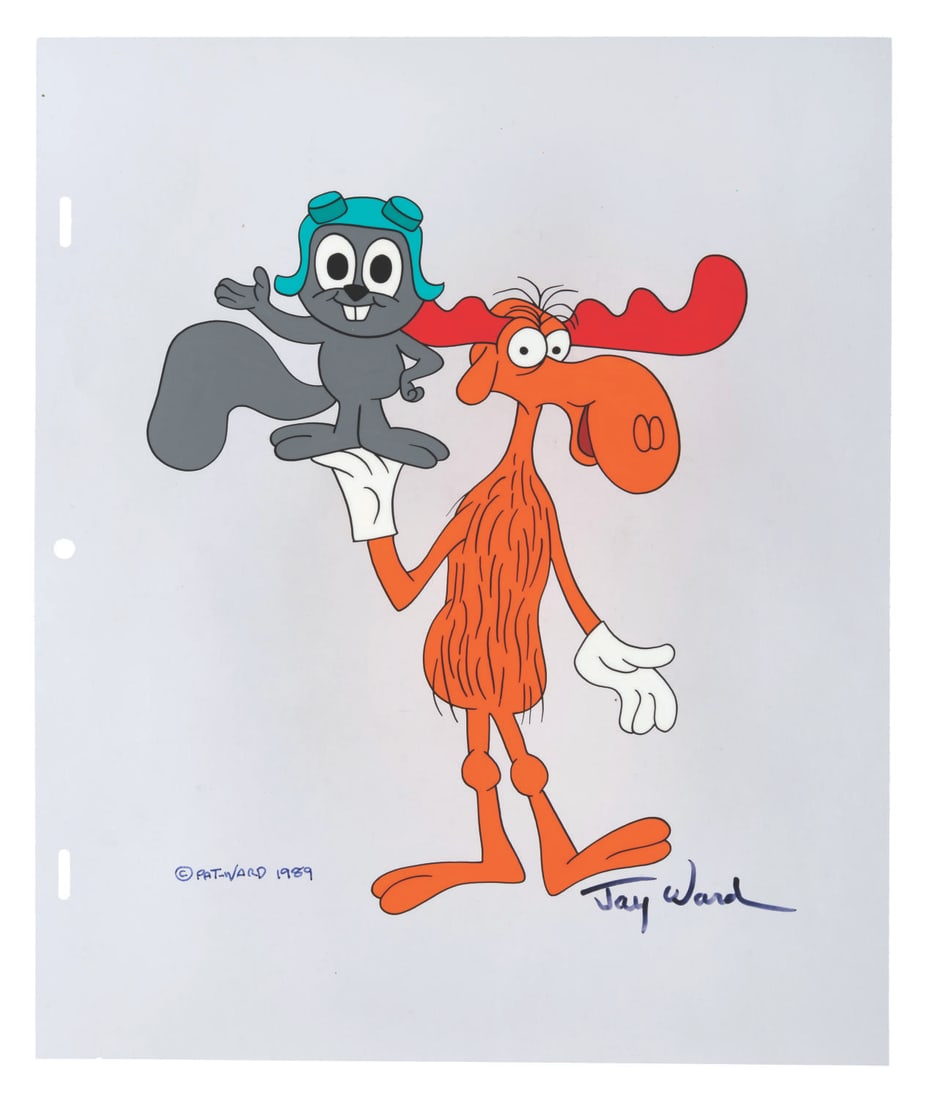 A Rocky and Bullwinkle #32 Scene Cel Signed by Jay Ward.: (Ward, 1989) Scene Cel #32 in the Jay Ward Productions Original Animation Scene Cels Collection, featuring the stars of “The Rocky and Bullwinkle Show,” signed in black ink by Ward. With a cha