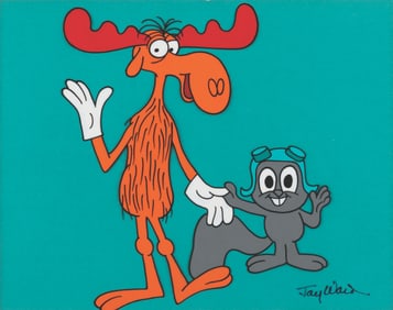 A Jay Ward Signed #33 Matted Scene Cel of Rocky and Bullwinkle.