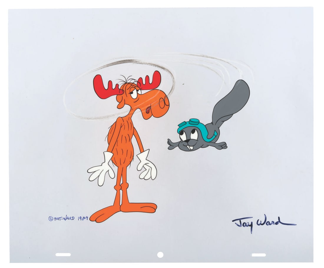 A Jay Ward Signed #35 Scene Cel of Rocky and Bullwinkle.: (Ward, 1989) Scene Cel #35 in the Jay Ward Productions Original Animation Scene Cels Collection, featuring the stars of “The Rocky and Bullwinkle Show,” signed in black ink by Ward. With an im