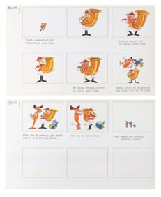 A Pair of Dudley Do-Right, Rocky, and Bullwinkle Storyboard Pages.