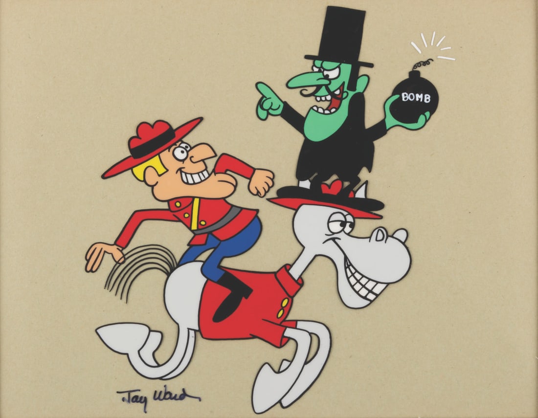A Jay Ward Signed Dudley Do-Right and Snidely Whiplash Scene Cel.: (Ward, 1989) An original hand-inked and painted animation scene cel of Dudley Do-Right, Snidely Whiplash, and Horse, signed in black ink by Jay Ward. With an image size of 6.75” x 6” on a