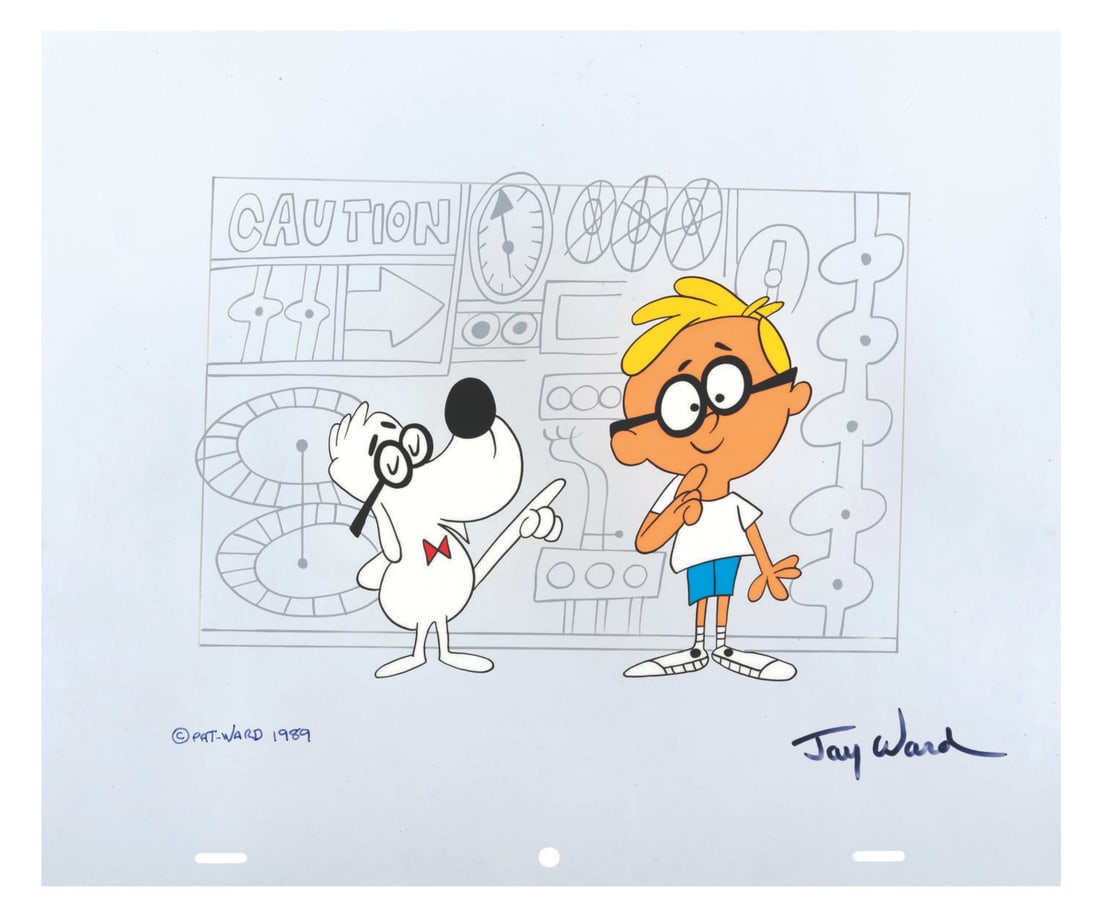 A Jay Ward Signed #23 Scene Cel of Mr. Peabody and Sherman.: (Ward, 1989) Scene Cel #23 in the Jay Ward Productions Original Animation Scene Cels Collection, featuring Mr. Peabody and Sherman, signed by Ward in black ink. With an image size of 6.25” x 8.5
