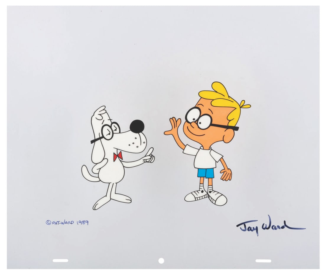 A Jay Ward Signed Scene Cel of Mr. Peabody and Sherman.: (Ward, 1989) An original hand-inked and painted animation scene cel of Mr. Peabody and Sherman, signed in black ink by Jay Ward. With an image size of 5.25” x 6.5” on a 10.5” x 12.5&