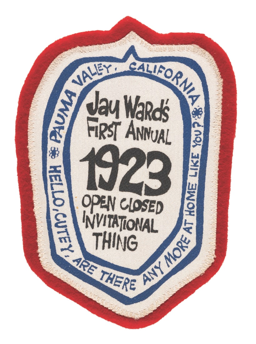 A Screen-Printed Jay Ward Gag Patch.: (Ward, 1960-80s) A screen-printed gag patch for “Jay Ward’s First Annual 1923 Open Closed Invitational Thing” allegedly held in Pauma Valley, California. Measuring 3” x 4.5”, the