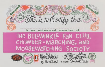 A Bullwinkle Fan Club Certificate and Card.