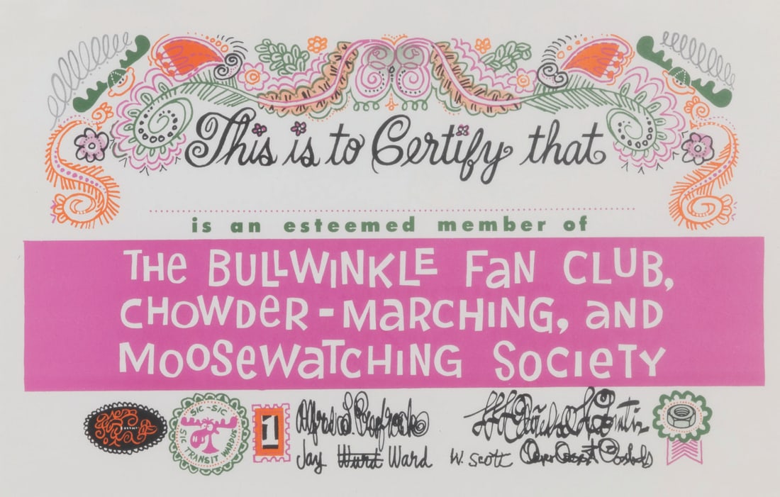 A Bullwinkle Fan Club Certificate and Card.: (Ward, 1960s-80s) An unused certificate and card verifying that the holder is an esteemed member of the Bullwinkle Fan Club. The pieces feature printed signatures from the studio’s creatives, includ