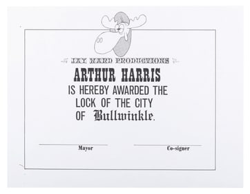 A Lock to the City of Bullwinkle Award Certificate.