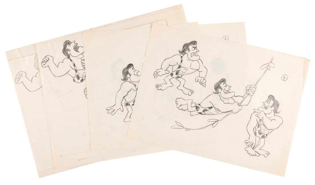 Three “George of the Jungle" Model Sheet Drawings.: (Ward, 1967) Three pages of original model drawings from “George of the Jungle” labeled “A,” “C,” and “E,” showing George in action poses. Included in the lot is a phot
