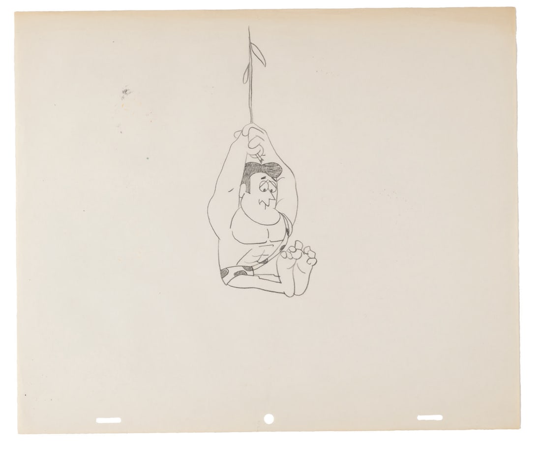 A “George of the Jungle" Production Drawing.: (Ward, 1967) An original production drawing of George swinging on a vine from “George of the Jungle.” With an image size of 3” x 6.75” on 10.5” x 12.5” animation paper,