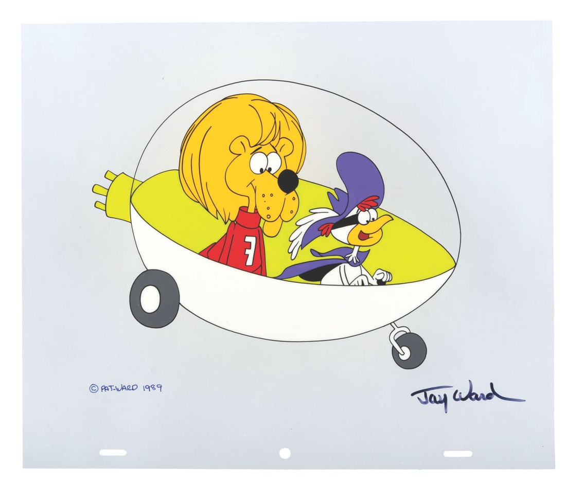 A Jay Ward Signed #46 Scene Cel of Super Chicken and Fred.: (Ward, 1989) Scene Cel #46 in the Jay Ward Productions Original Animation Scene Cels Collection, featuring Super Chicken and Fred in the Super Coop, signed in black ink by Ward. With an image size of