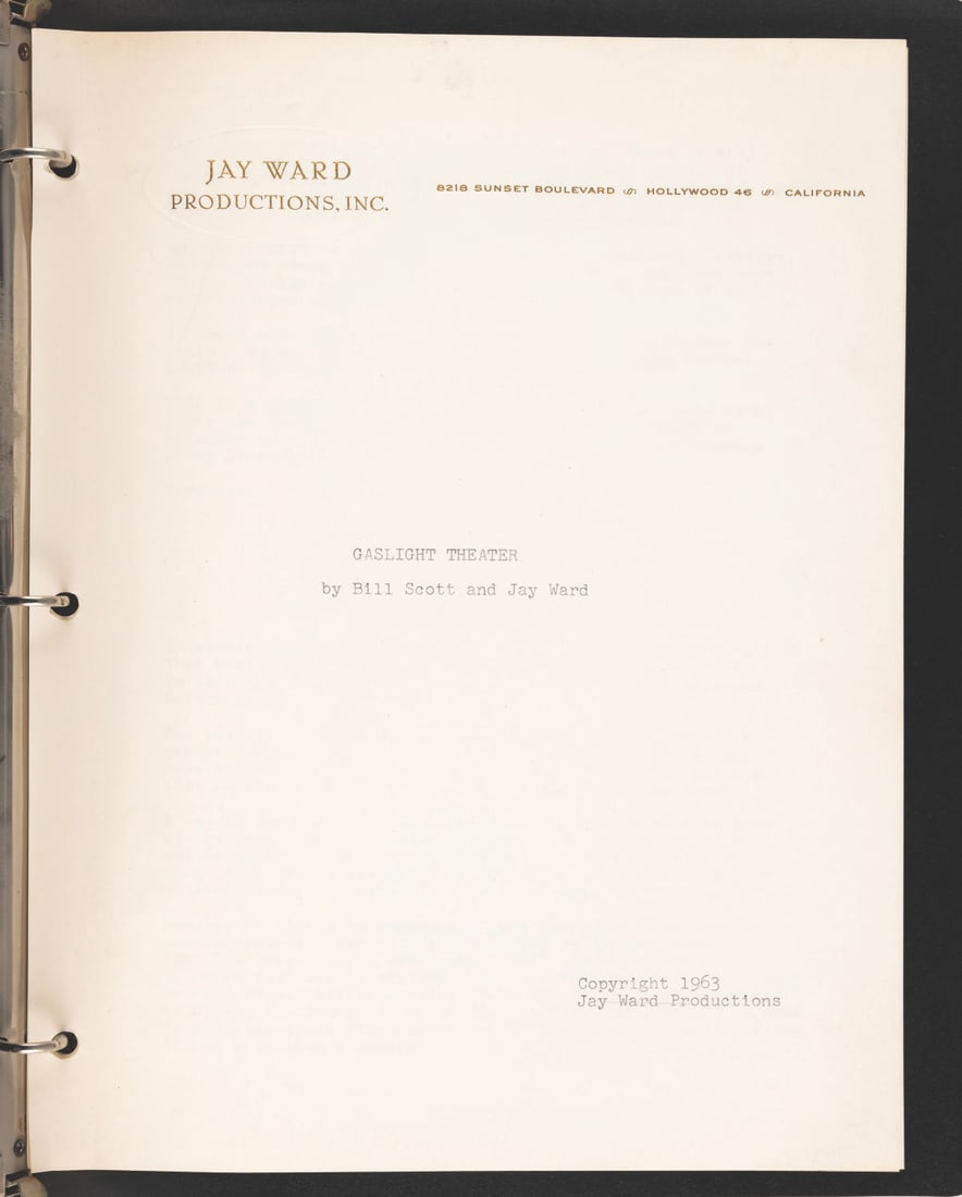 A "Gaslight Theater" Story Pitch by Bill Scott and Jay Ward.: (Ward, 1963) A four-page story pitch for an unproduced live-action television show titled "Gaslight Theater" by Bill Scott and Jay Ward, satirizing early American theater by extracting comedic element