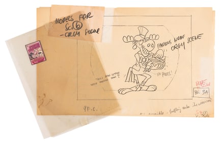 A Pair of Rocky and Bullwinkle Storyboard Copies and Captain Crunch Stamp.