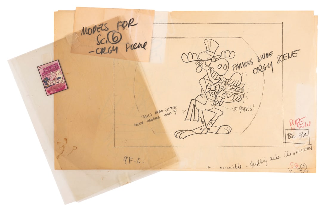 A Pair of Rocky and Bullwinkle Storyboard Copies and Captain Crunch Stamp.: (Ward, 1970s-80s) A pair of photocopy storyboard pages featuring Dudley Do-Right and Bullwinkle labeled “Famous Nude Orgy Scene” from an unknown production. Also included is a Cap’n Crunch P