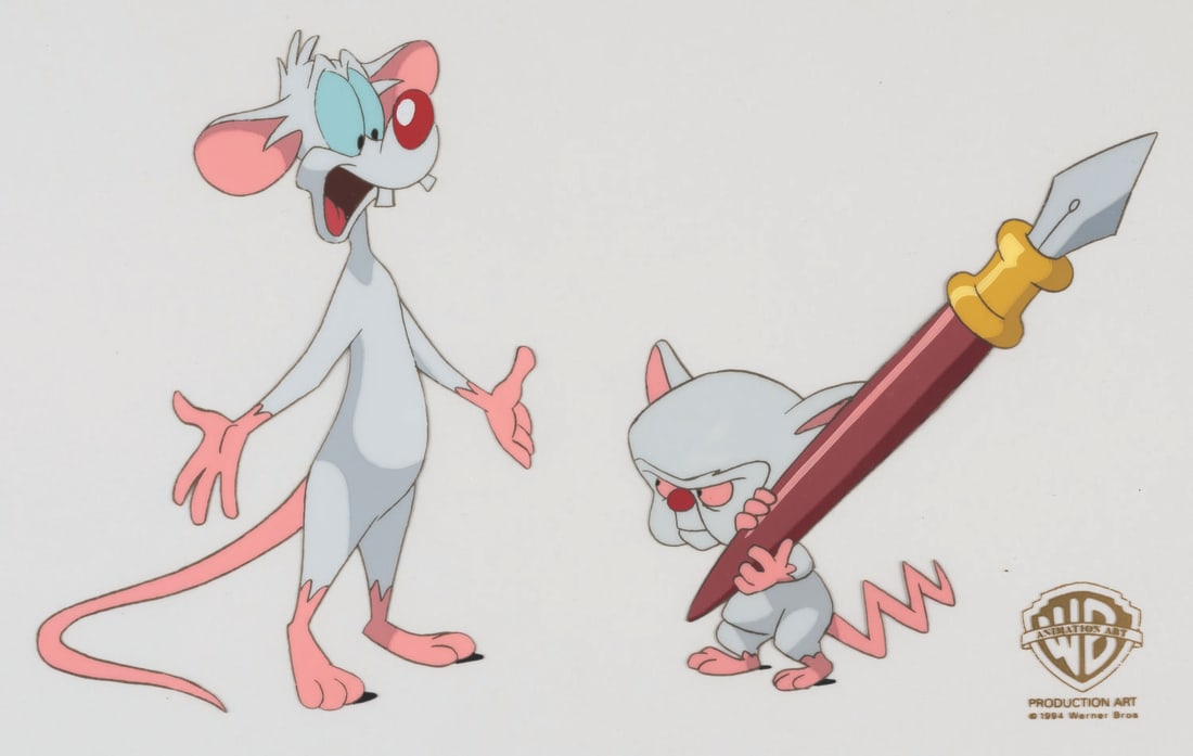 An “Animaniacs" Pinky and the Brain Cel.: (Warner Bros., 1994) An original hand-painted production cel of Pinky and the Brain from the “Animaniacs” episode “Pavlov’s Mice.” The piece features a Warner Bros. Animation Art Pro