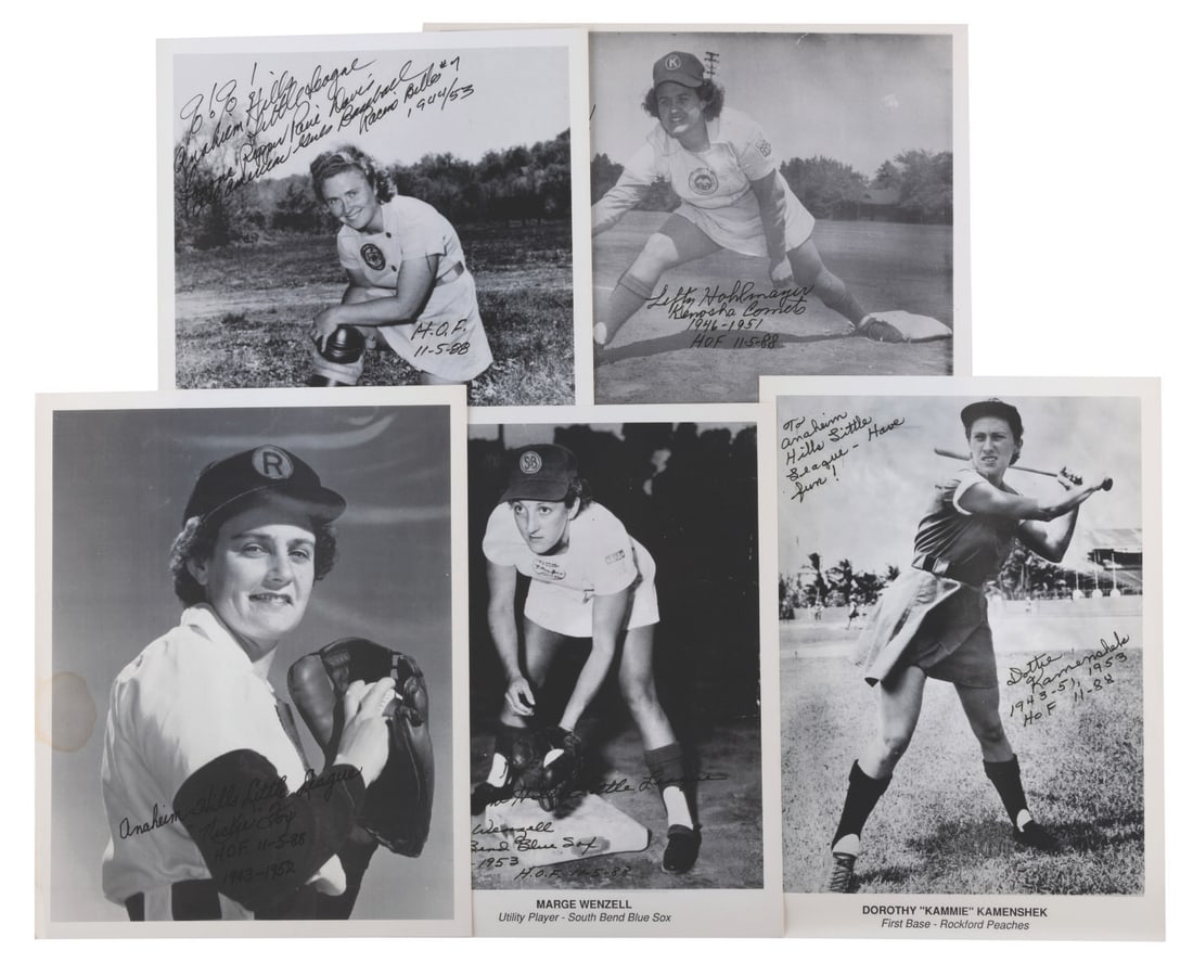 A Collection of Signed Women's Baseball Photos.: (1988-1992) A collection of five signed promotional photos of players from the All-American Girls Professional Baseball League, the real-life inspiration for “A League of Their Own.” Hall of F