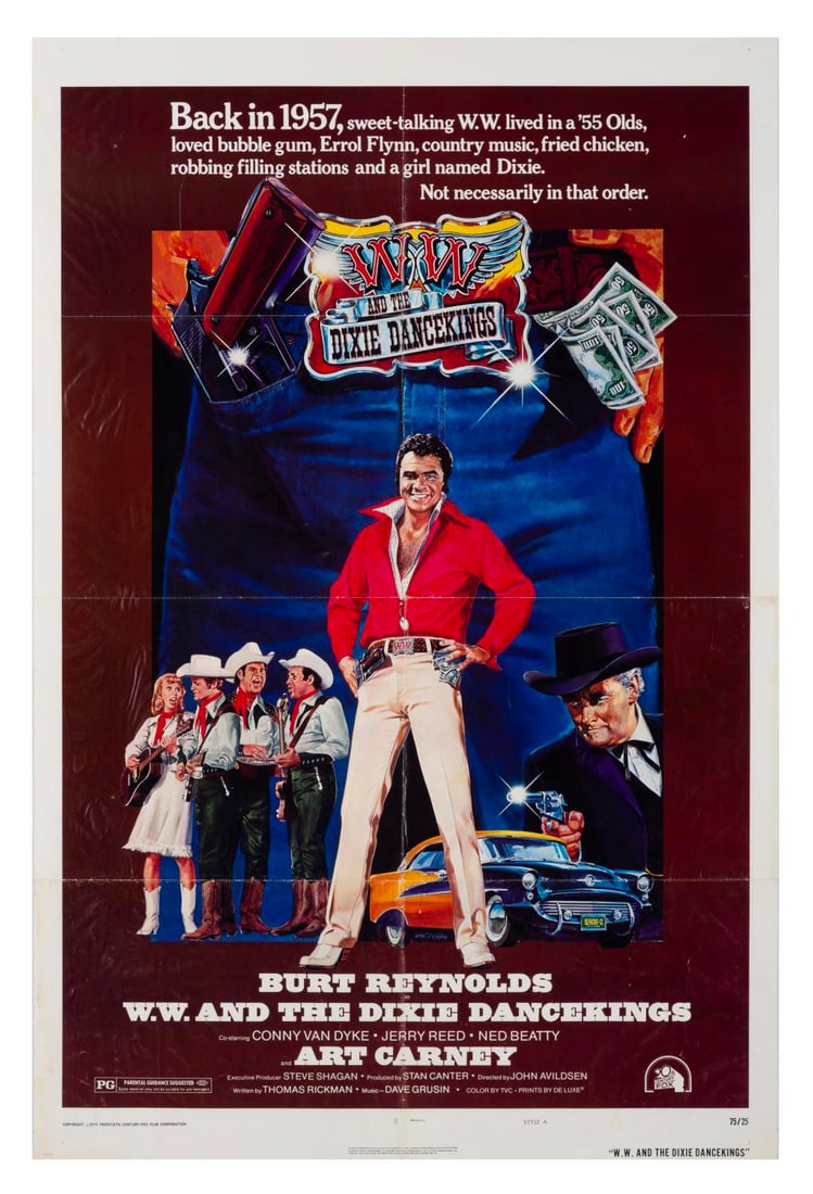 A "W.W. and the Dixie Dancekings" One-Sheet Poster.: (20th Century Fox, 1975) A one-sheet poster from the original theatrical release of “W.W. and the Dixie Dancekings,” starring Burt Reynolds. Measuring 27” x 41”, the poster is in g