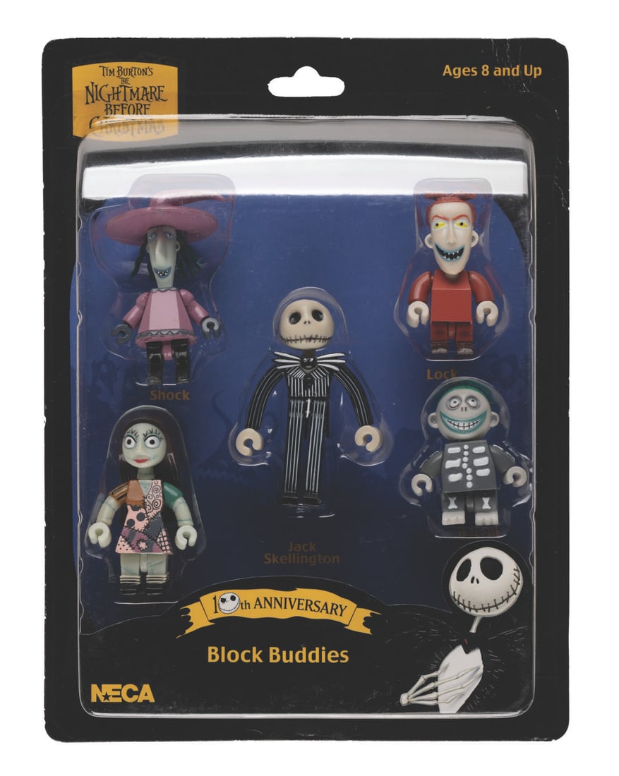 “Nightmare Before Christmas” Block Buddies.: (NECA, 2003) A set of five Block Buddy figures of Jack, Sally, and Lock, Shock & Barrel from “Tim Burton’s The Nightmare Before Christmas.” Standing up to 2.5” tall, the toys are in fi