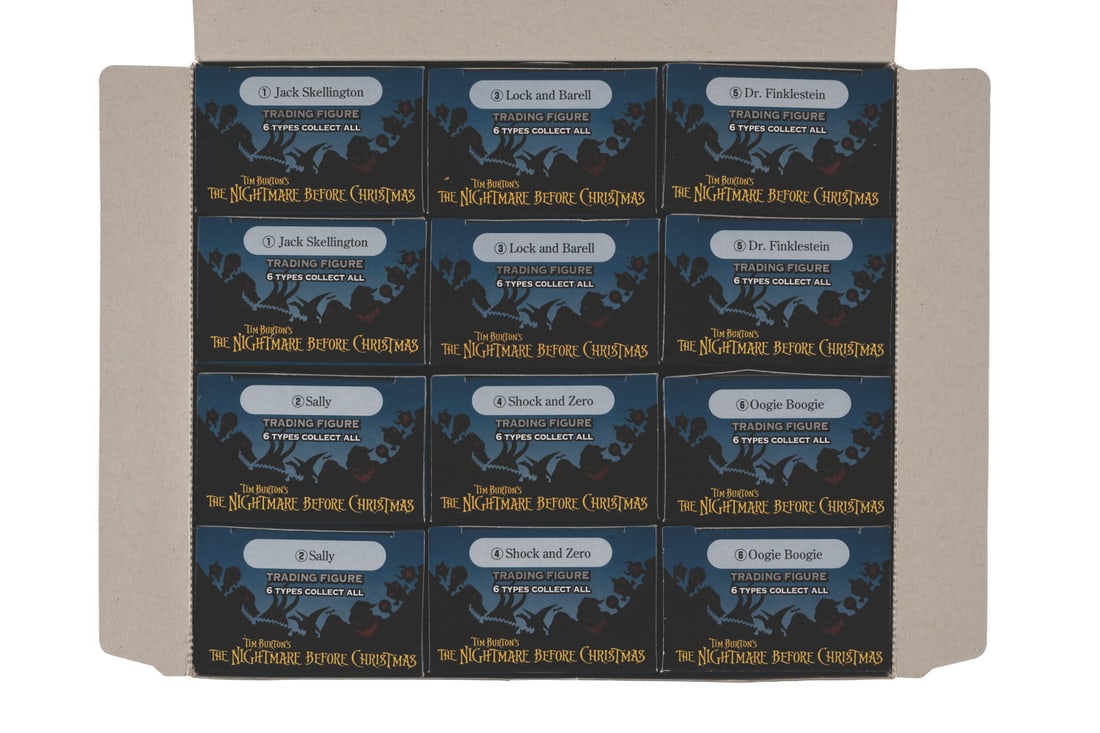 A “The Nightmare Before Christmas" Trading Figure Series 1 Retail Case.: (JUN Planning, 2000s) A complete retail display case of “Nightmare Before Christmas” Series 1 trading figures. The case includes 12 individual boxes marked for retail sale containing one of si