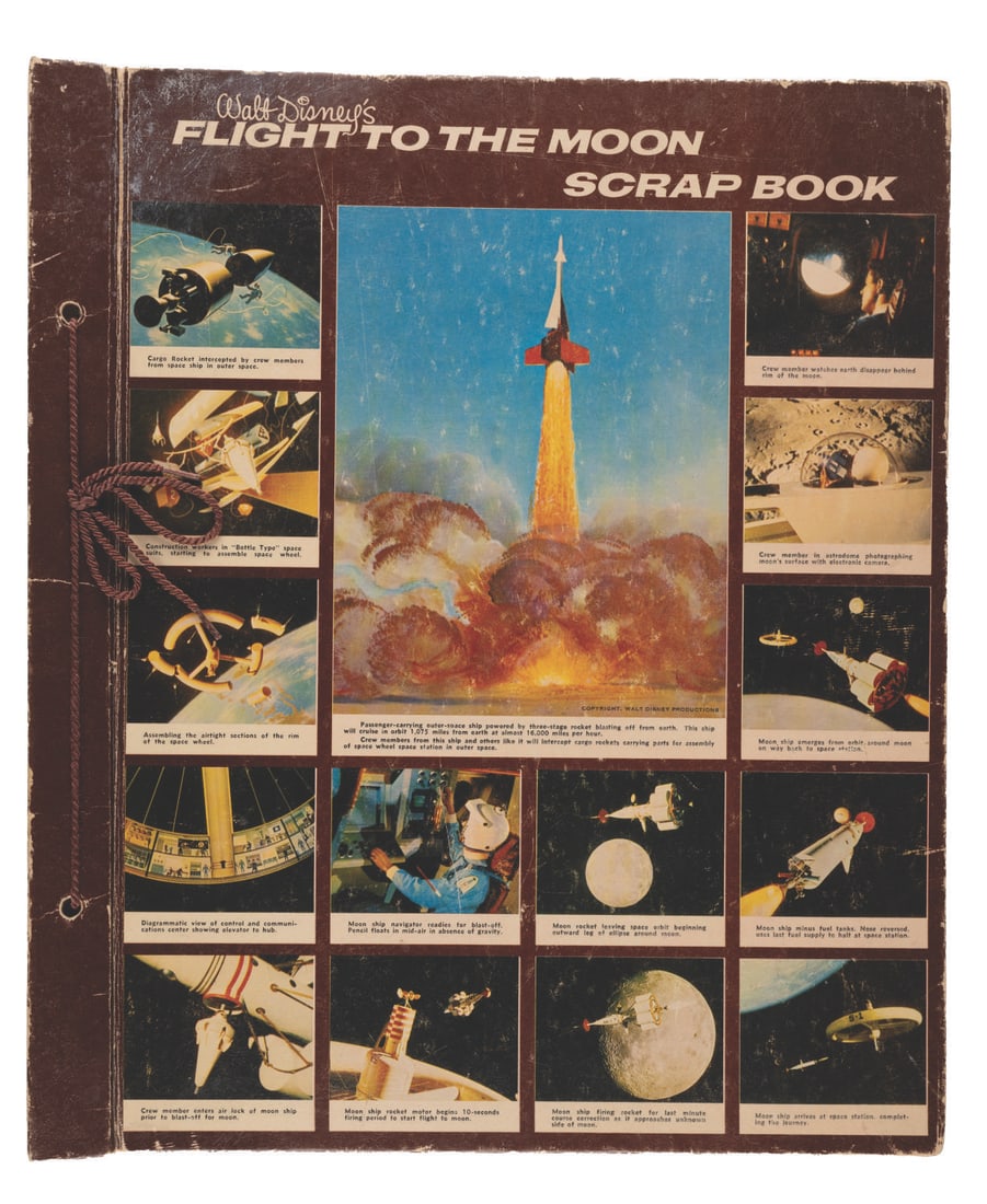 A Walt Disney's Flight to the Moon Scrapbook.: (Disneyland, 1960s) A rare Flight to the Moon souvenir scrapbook from Disneyland. The string-bound, board and leatherette book contains 15-leaves of construction paper with numbers penciled onto the l