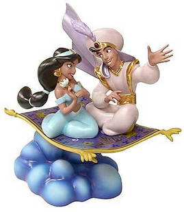 A WDCC “Aladdin?? A Whole New World Figurine.: (WDCC, 2002) A Walt Disney Classics Collection figurine of Aladdin and Jasmine from “Aladdin.” Titled “A Whole New World,” the figurine was sculpted by Dusty Horner and released in an