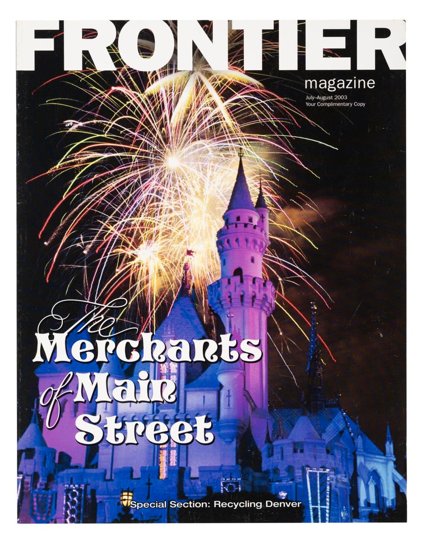 A Merchants of Main Street Frontier Magazine Issue.: (Frontier Magazine, 2003) A July-August 2003 issue of Frontier Magazine featuring a cover story about the Main Street, U.S.A. shops including Ruggles China and Glass Shop and the Candy Palace. Measuri