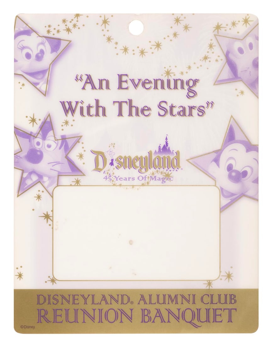 A Disneyland Alumni Club Reunion Banquet Tag.: (Disneyland, 2000) A Disneyland Alumni Club “An Evening with the Stars” Reunion Banquet lanyard tag from the event held during the Park’s 45 Years of Magic celebration. Measuring 4.25”