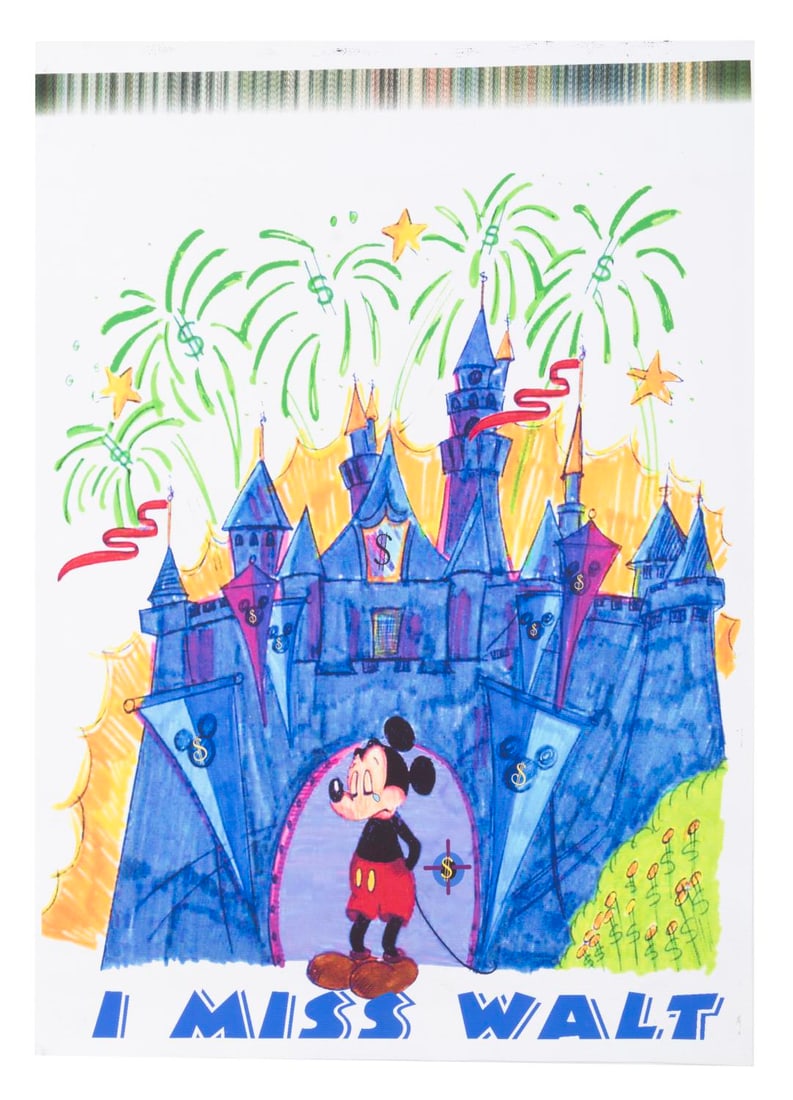 An "I Miss Walt" Crying Mickey Canvas Print.: (1980s-2000s) An “I Miss Walt” canvas print featuring a crying Mickey Mouse and dollar signs throughout, created by an unknown artist. Measuring 13” x 18.5”, the canvas print displ