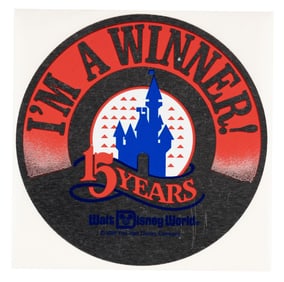 A Walt Disney World 15th Anniversary Winner Sticker.