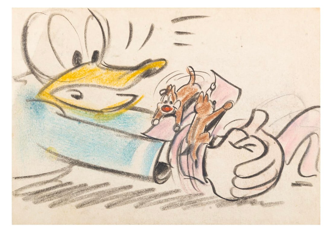 A Donald with Chip and Dale Storyboard Panel.: (Disney, 1950s) An original storyboard panel featuring Donald Duck with Chip and Dale, from an unproduced Easter-themed cartoon. Accomplished in mixed media, the panel measuring 6" x 8.25" is in very