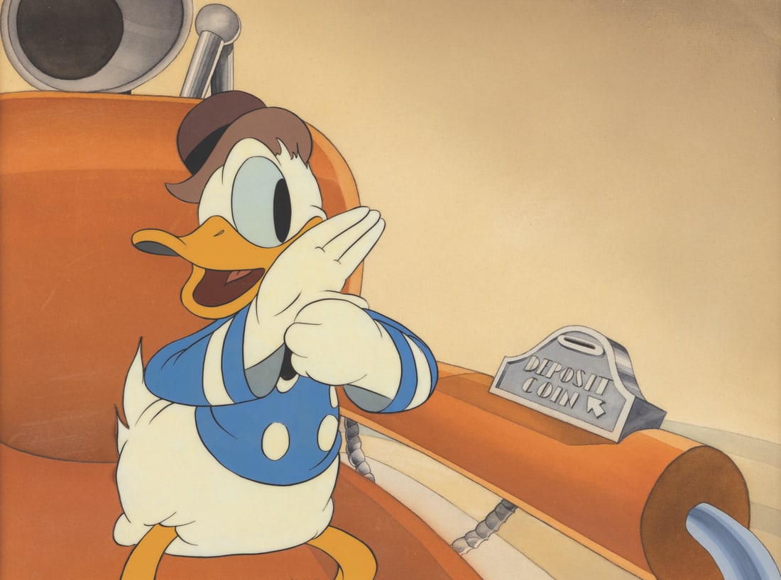 A "Modern Inventions" Original Production Cel and Background.: (Disney, 1937) An original production cel and background from the early Donald Duck cartoon “Modern Inventions.” This short was the first Disney story contribution by Scrooge McDuck creator Ca