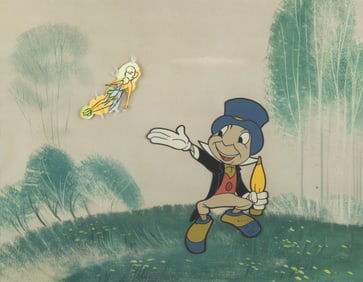 A Pair of Jiminy Cricket and Tinker Bell Original Production Cels.