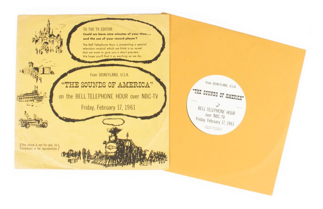 A Rare Disneyland Special "The Sounds of America" Record.: (Disneyland, 1961) An incredibly rare preview record for "The Sounds of America," a Bell Telephone Hour special that aired on NBC, live from Disneyland on February 17th, 1961. The LP record holds a pr
