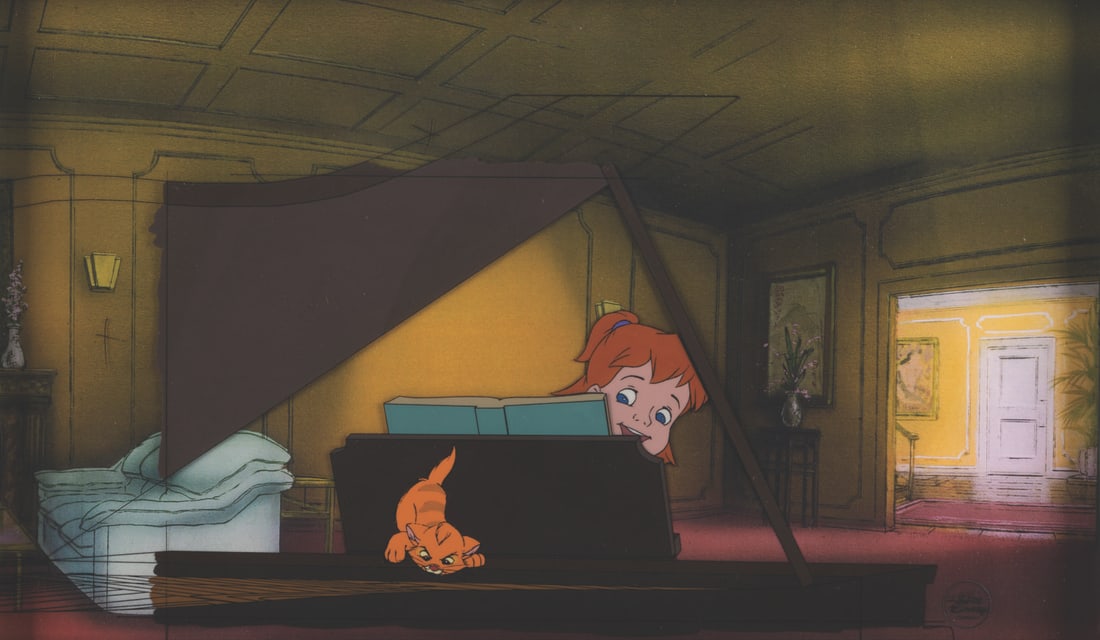 An "Oliver & Company" Original Production Cel.: (Disney, 1988) An original production cel of Jenny and Oliver at the piano from “Oliver & Company.” Jenny and Oliver have an image size of 6.5” x 10.75” on a 9.25” x 15.5&rdq